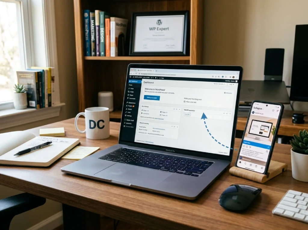 Escritorio de trabajo con un portátil mostrando un panel de WordPress y un móvil con redes sociales apuntando hacia la web | Integración de redes sociales con un sitio web propio en WordPress para captar clientes